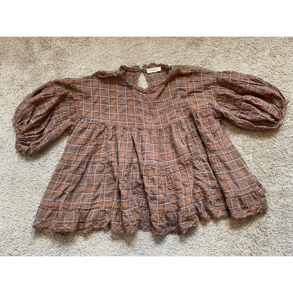 By Together Top Tiered Oversized Large Puff Sleeves Brown Boho Keyhole Festsku44